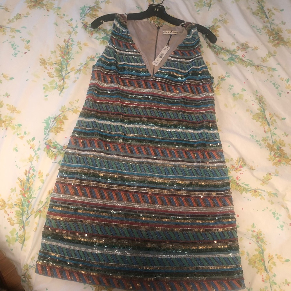 NWT Alice + Olivia Striped Beaded Dress